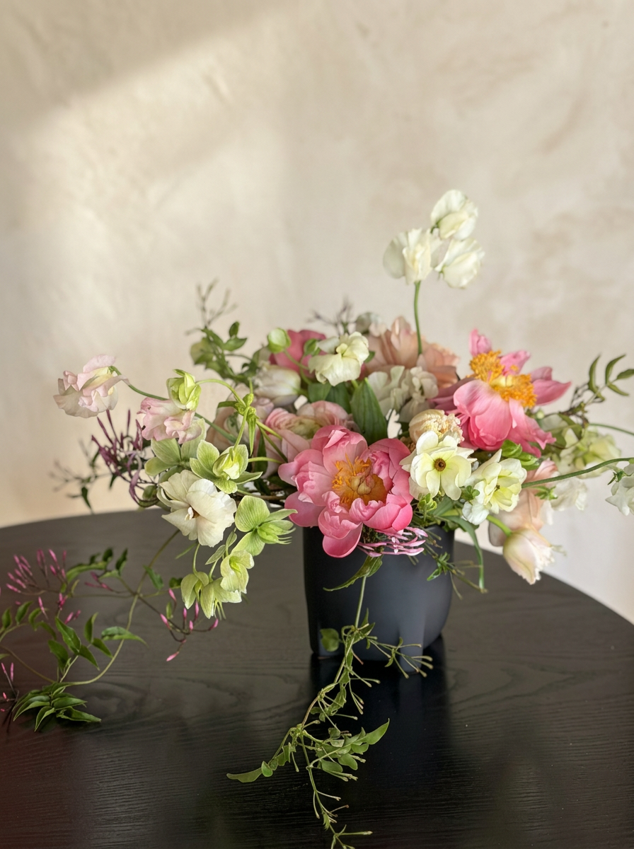 Coral peonies, hellebores and jasmine vine in a black footed vase