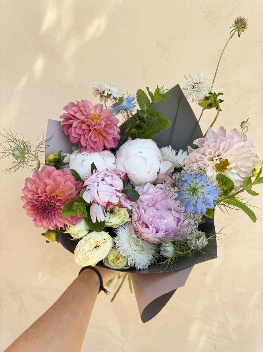 Hand-tied bouquet of peonies, dahlias and nigella