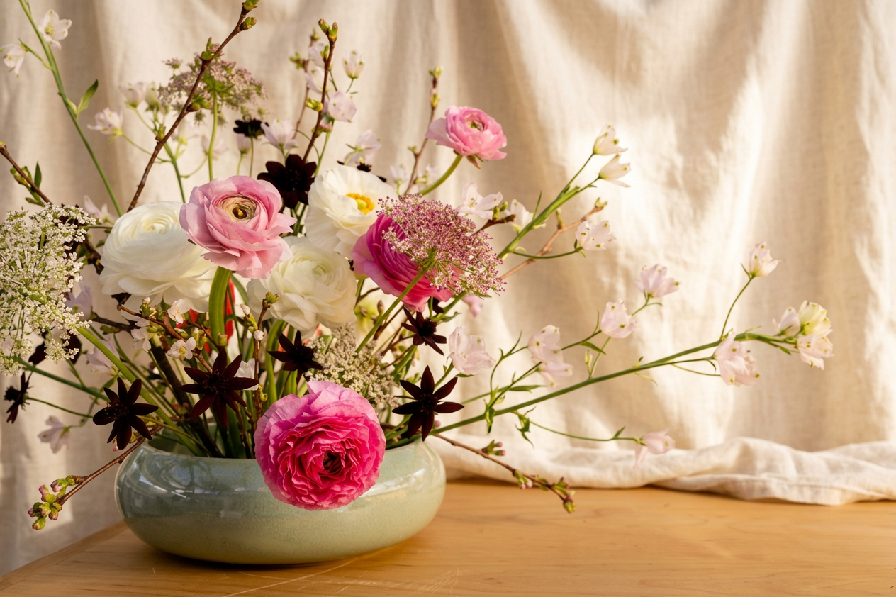 Pink and white ranunculus in a seafoam ceramic bowl