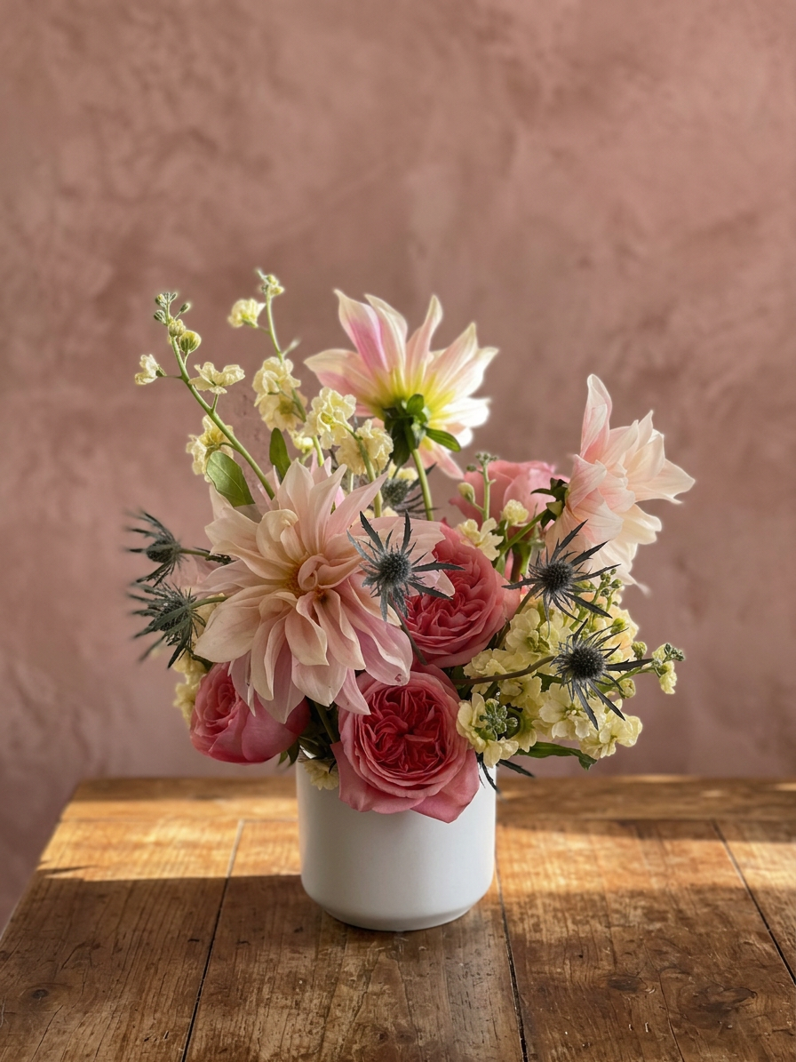 Pink dahlias, garden roses and stock in a white vase