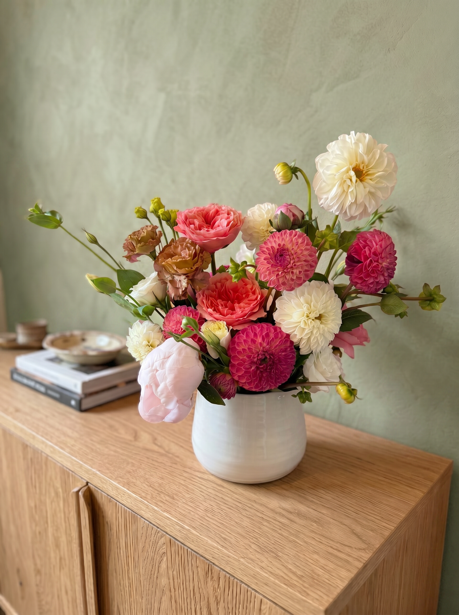 Lush pink, coral and cream dahlia mix in a white vessel on an oak console