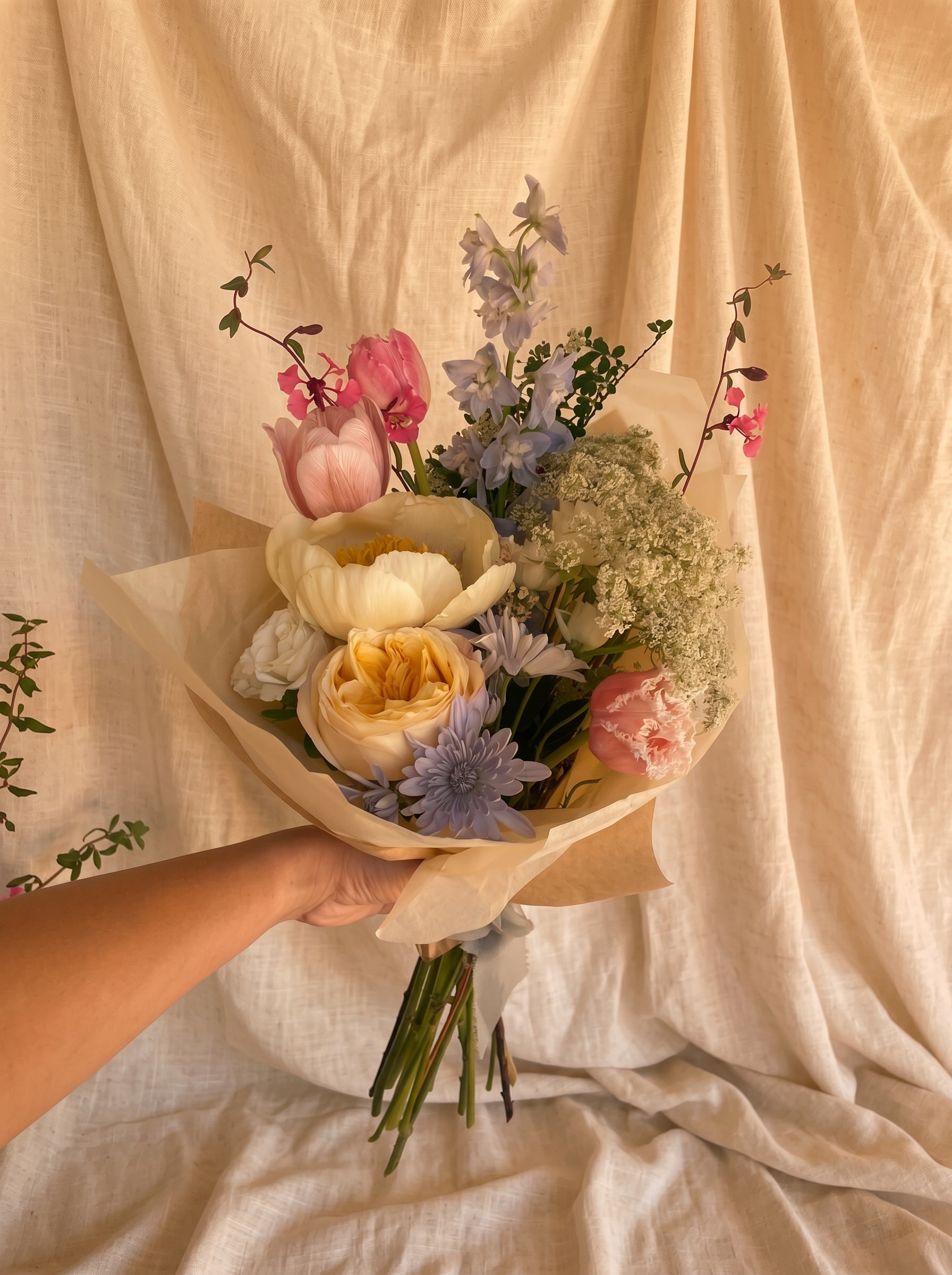 Pastel spring bouquet with peony, butter rose, delphinium and tulips in kraft wrap