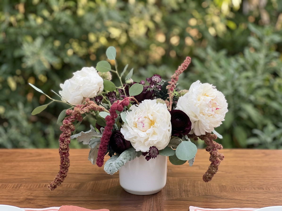 White peonies with deep plum accents on a dining table