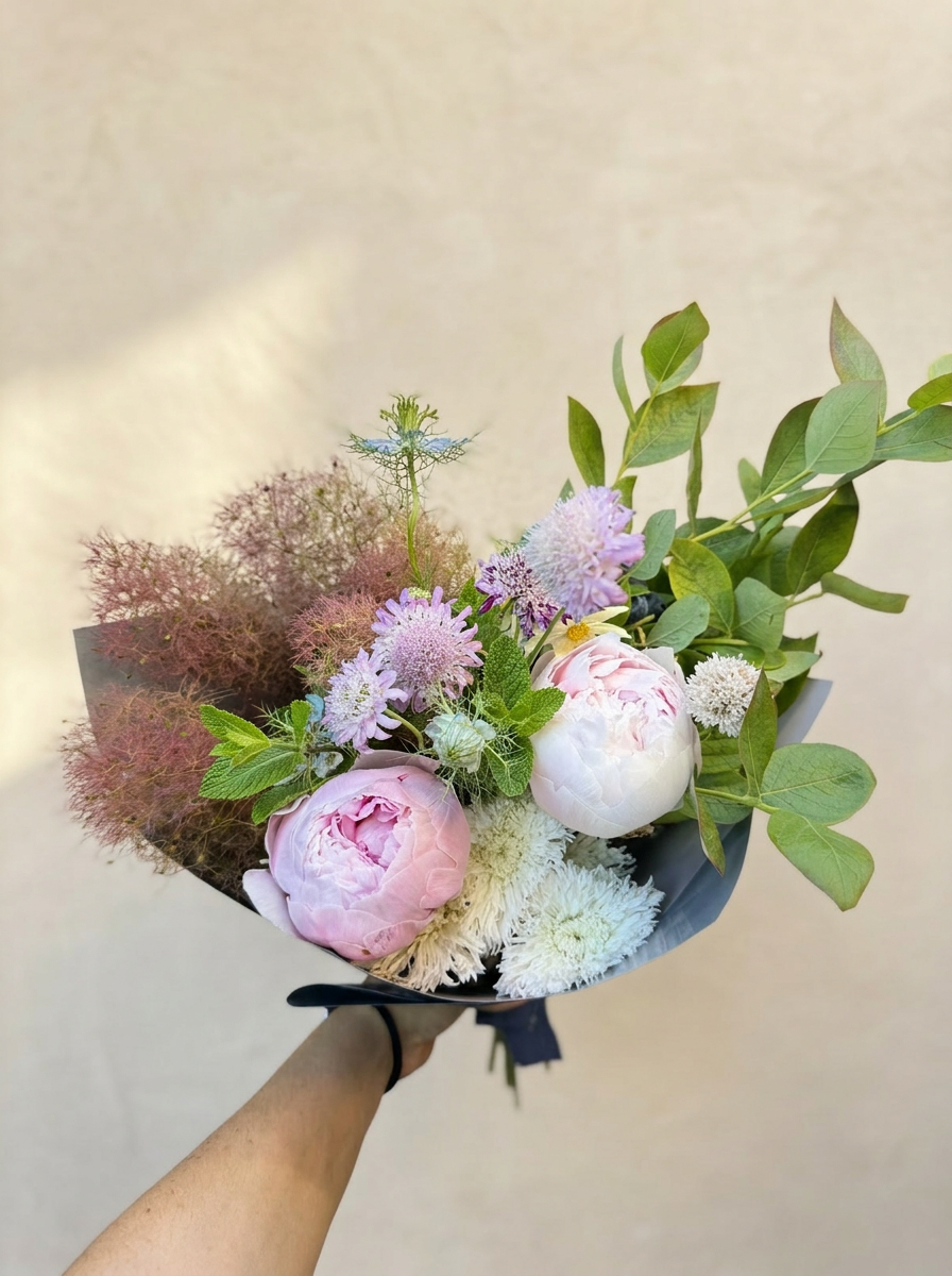 Soft pink peony bouquet with smokebush and scabiosa