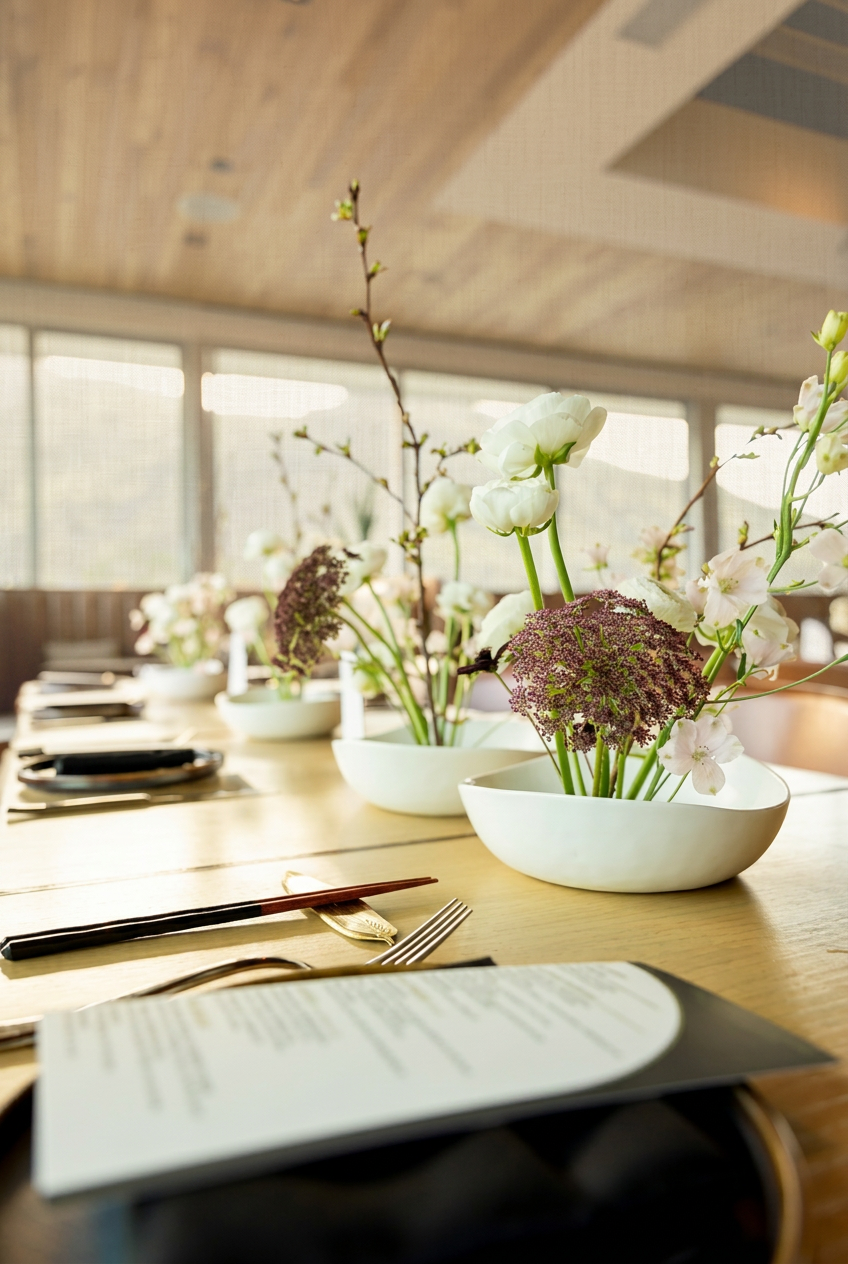 Ikebana tablescape with ranunculus and lace flower along a restaurant table
