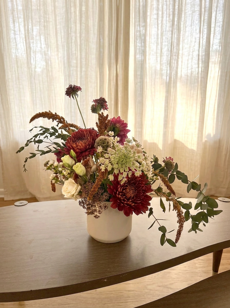 Burgundy and terracotta arrangement on a coffee table