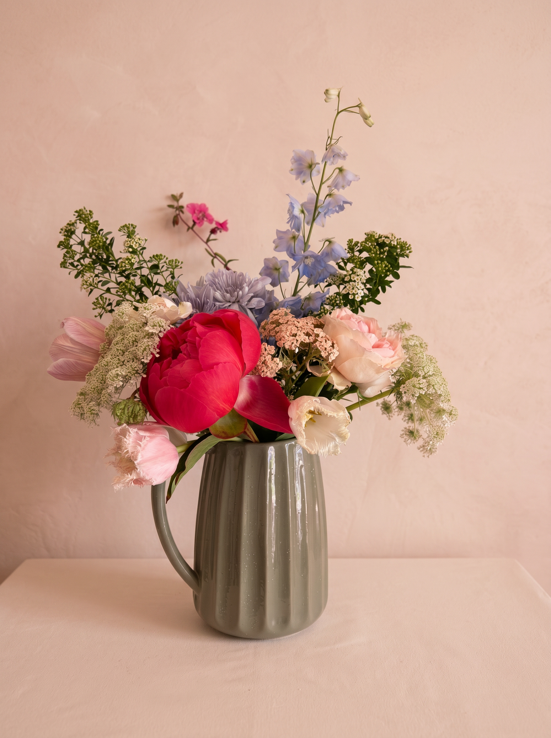 Coral peony, delphinium and garden roses in a sage green pitcher