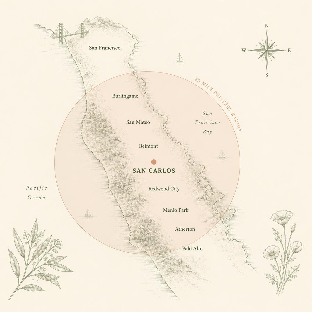 Illustrated map of the San Francisco Peninsula showing Bou-K Floral's 20-mile delivery radius from San Carlos