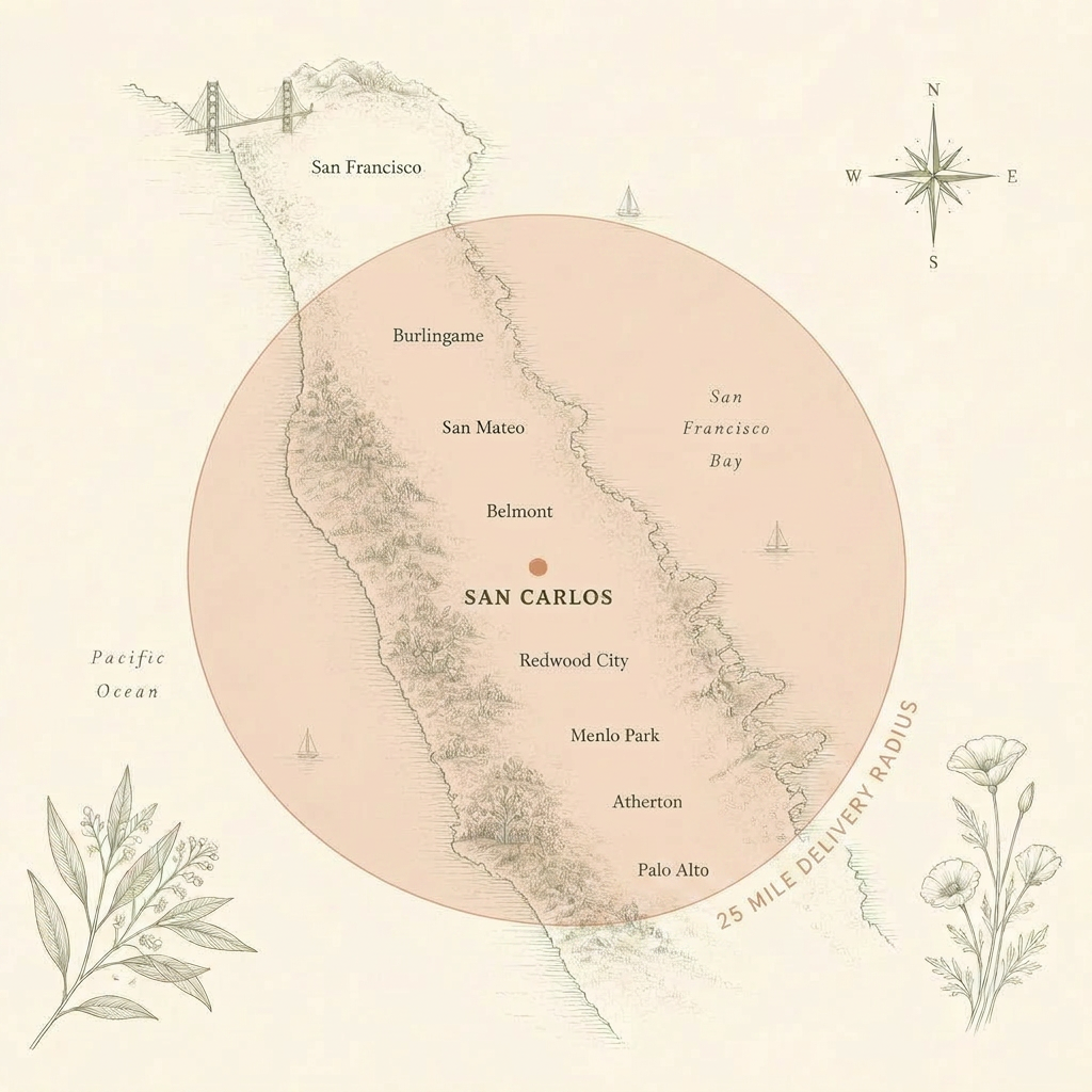 Illustrated map of the San Francisco Peninsula showing Bou-K Floral's 25-mile delivery radius from San Carlos